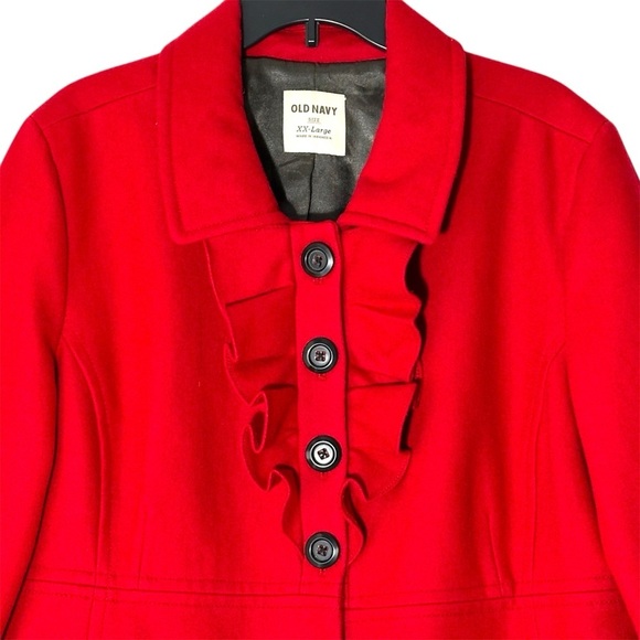 Old Navy Cherry Red Preppy Ruffle Collar Wool Midlength Peacoat Jacket size XXL - Picture 3 of 13